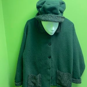 Green Fleece jacket with matching hat.